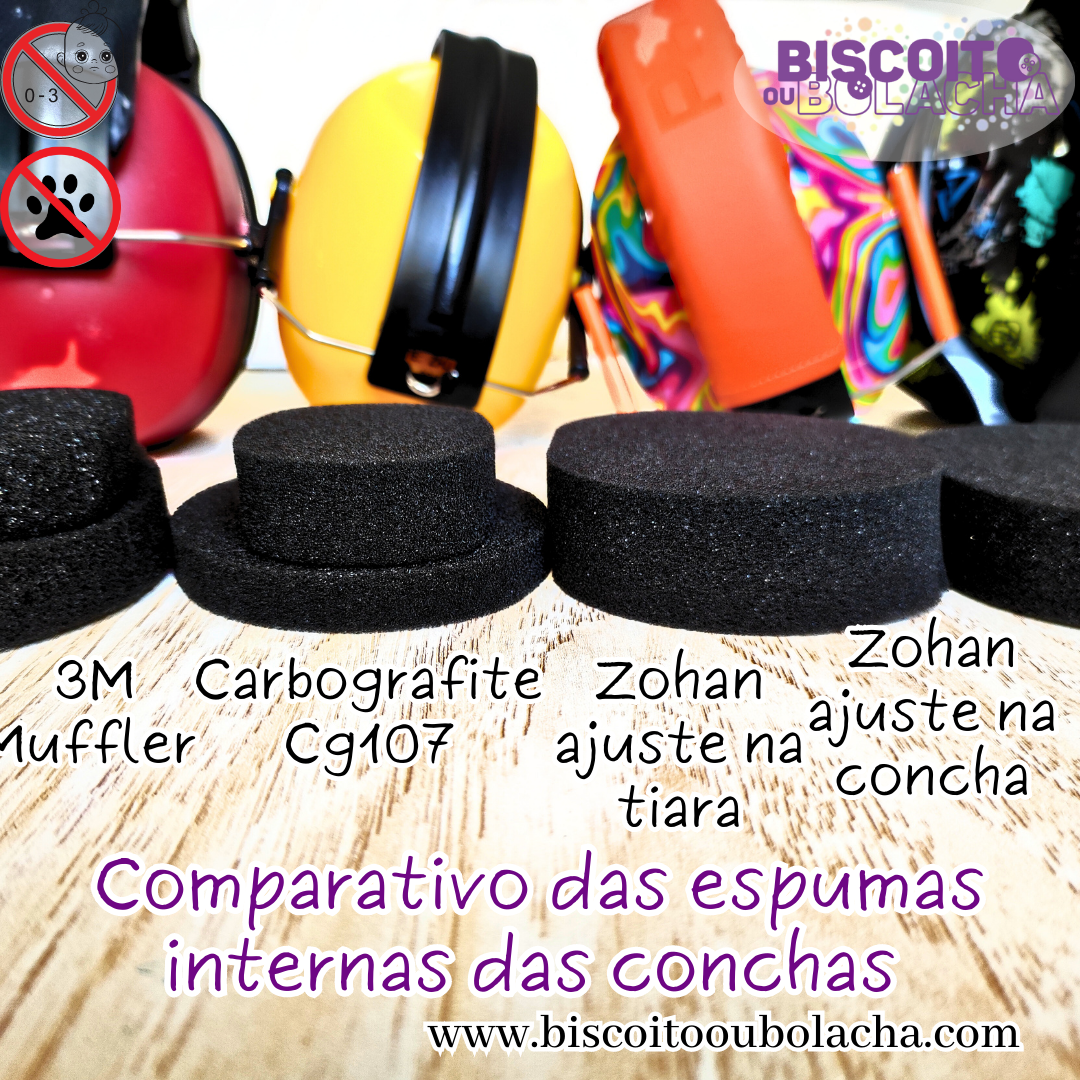 comparativo de 4 modelos de abafadores, todos estão na posição compacta, com as conchas articuladas para o centro do arco/tiara quase tocando o topo do arco internamente.  A parte inferior das conchas está apoiada na superfície, e em frente a cada modelo está a espuma da respectiva concha.  As espumas possuem um formato ovalado; a da marca 3M é a maior que as demais em seu perímetro (a concha da 3M tem quase o dobro da profundidade que as demais e a espuma deve cobrir essa superfície interna) porém possui uma segunda espuma de tamanho menor; as demais espumas possuem área similar, porém a da marca carbografite por ser mais fina, contém uma espuma de tamanho reduzido.